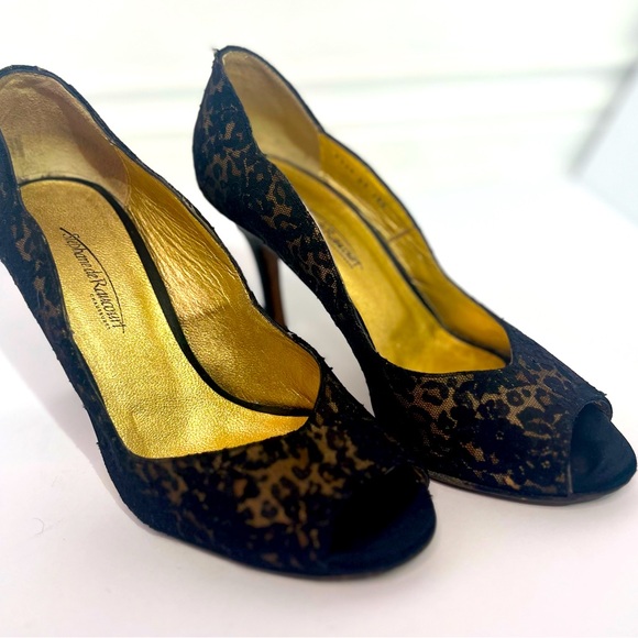 Vintage Stephane de Raucourt classy kitten heels Jaguar print leather&lace - Picture 2 of 7